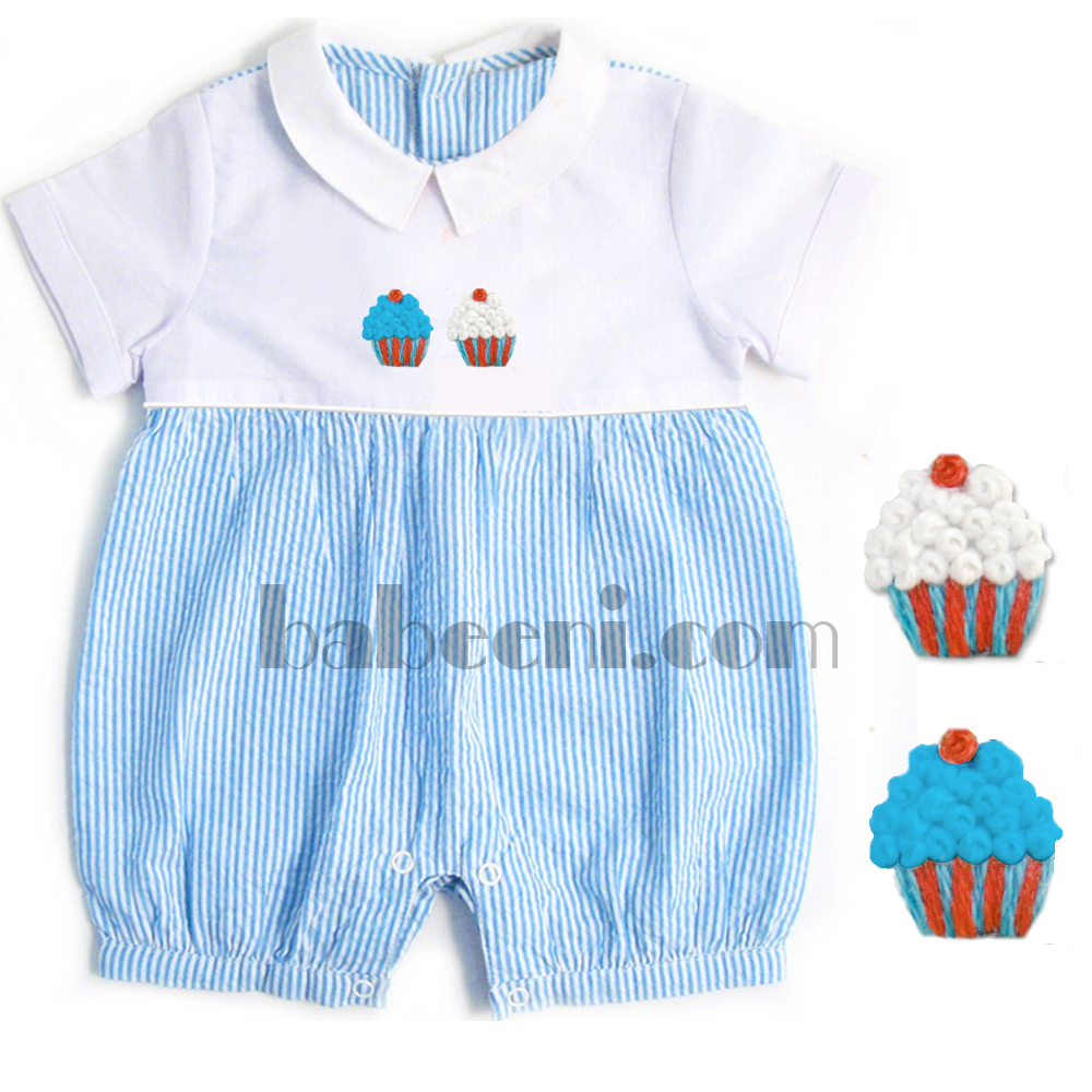Cupcake embroidery and french knot boy romper - BC 474